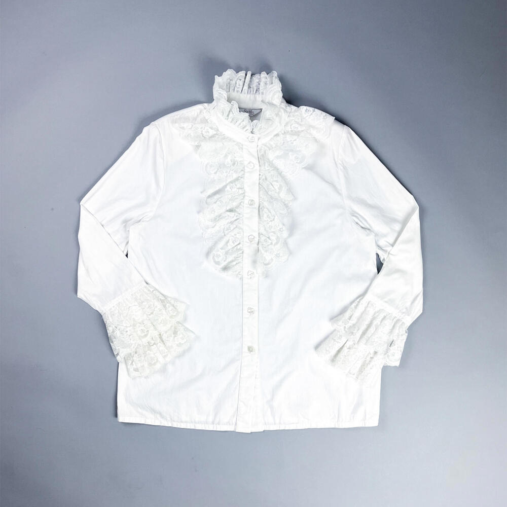 Vintage White Lace Ruffle Button-Up Blouse